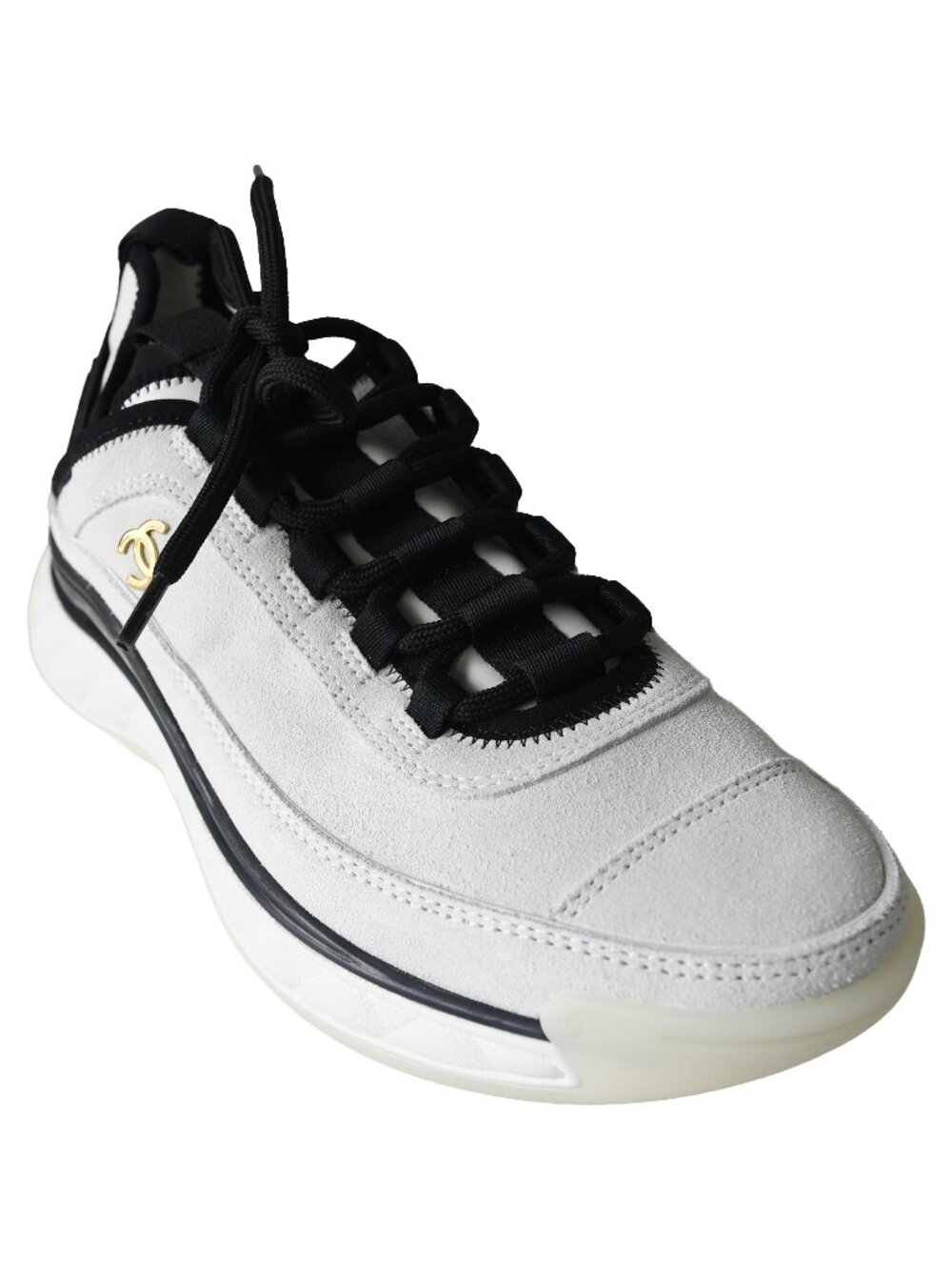 Chanel Velvet Calfskin & Mixed Fibers CC Sneaker Ivory Black